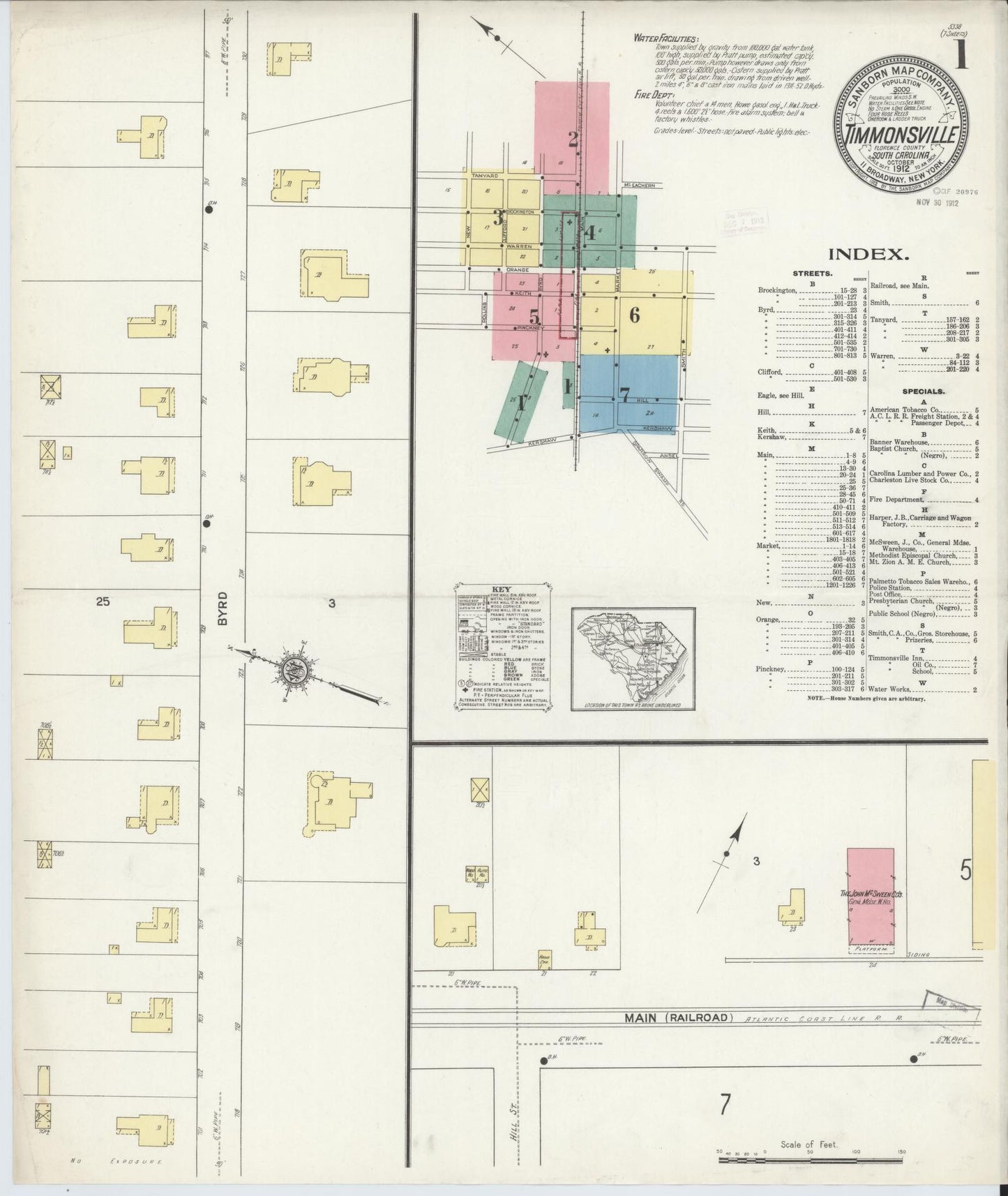 Sanborn Fire Insurance Map from Timmonsville, Florence County, South Carolina (1912), Sheet #0001 - Complete Map Set gallery image, historic Sanborn map, vintage wall art, South Carolina South Carolina