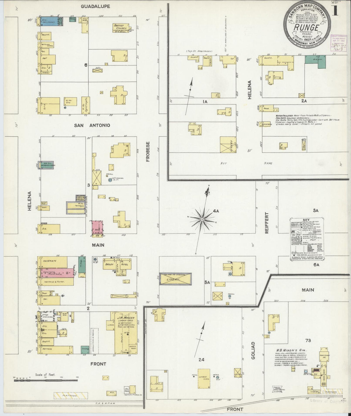 Sanborn Fire Insurance Map from Runge, Karnes County, Texas (1907), Sheet #0001 - Historic Sanborn Fire Insurance Map Print, vintage old map wall art, antique decor, genealogy gift, Texas Texas map