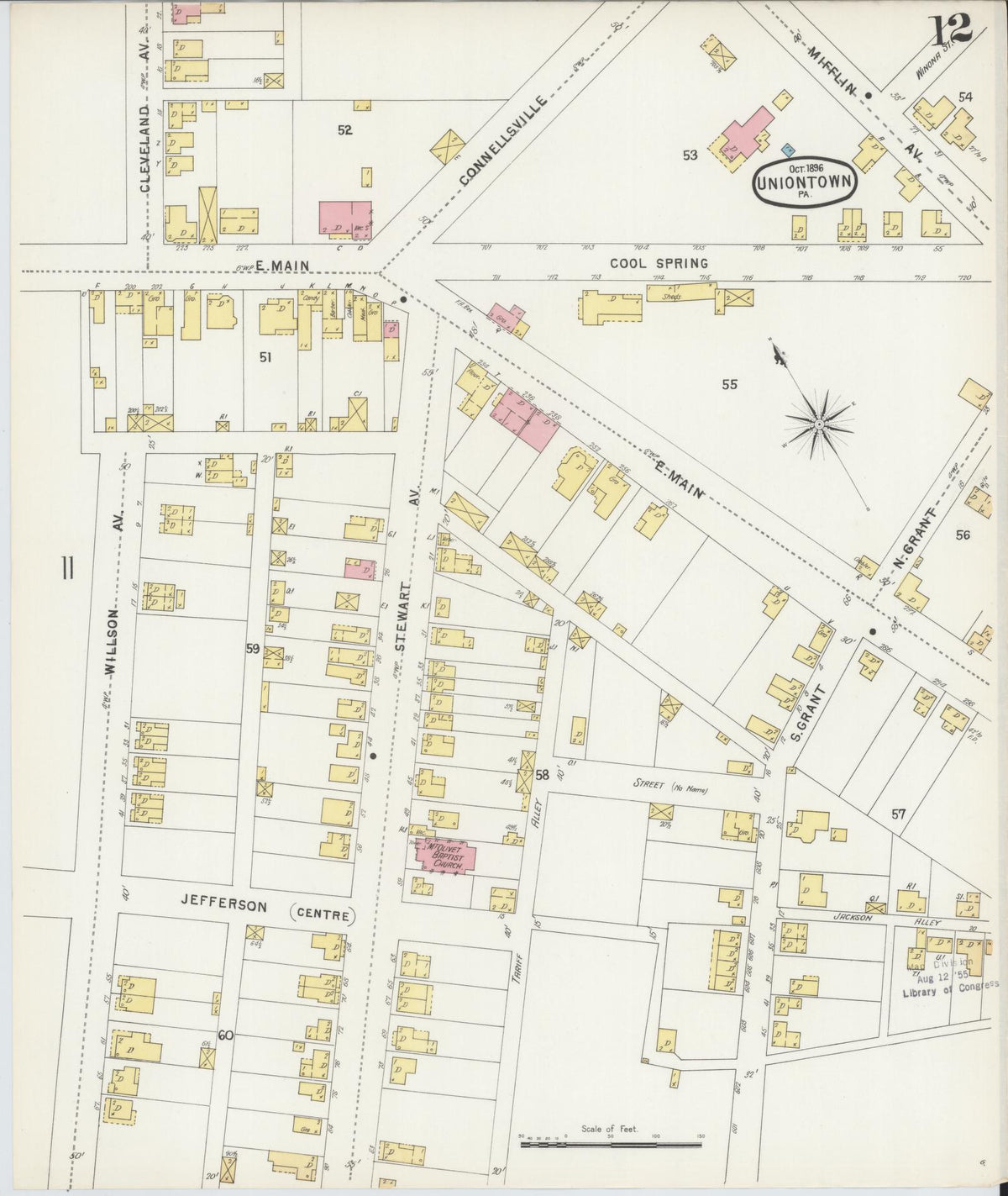 Sanborn Fire Insurance Map from Uniontown, Fayette County, Pennsylvania (1896), Sheet #0012 - Historic Sanborn Fire Insurance Map Print, vintage old map wall art, antique decor, genealogy gift, Pennsylvania Pennsylvania map
