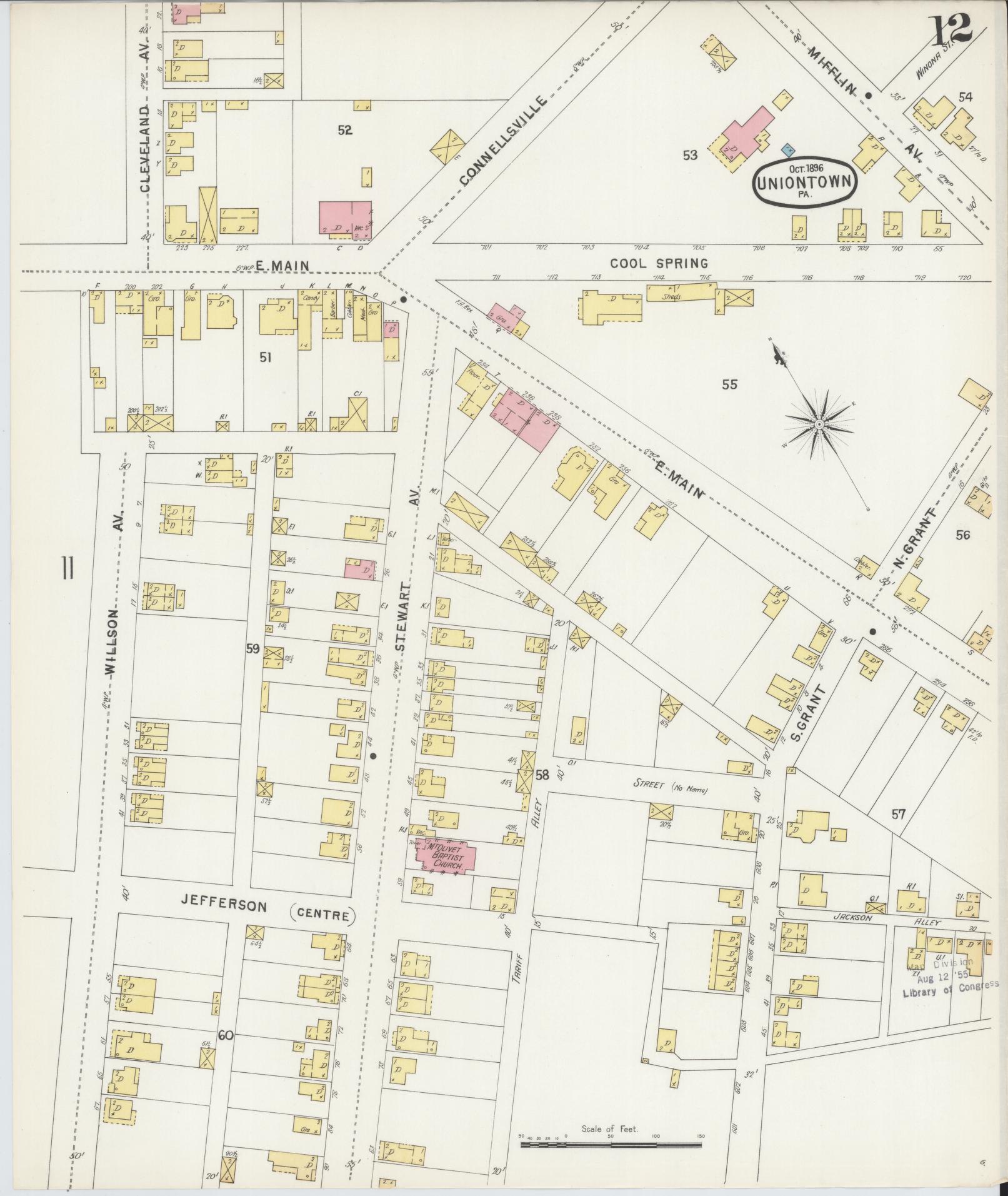 Sanborn Fire Insurance Map from Uniontown, Fayette County, Pennsylvania (1896), Sheet #0012 - Historic Sanborn Fire Insurance Map Print, vintage old map wall art, antique decor, genealogy gift, Pennsylvania Pennsylvania map
