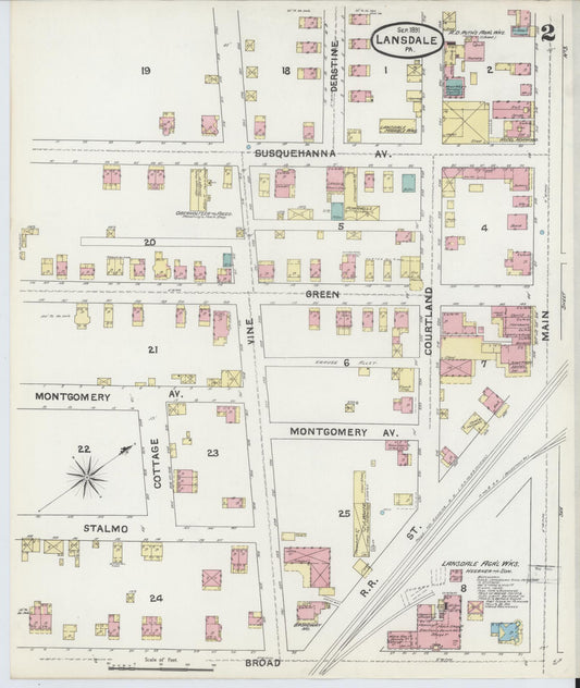 Sanborn Fire Insurance Map from Lansdale, Montgomery County, Pennsylvania (1891), Sheet #0002 - Historic Sanborn Fire Insurance Map Print, vintage old map wall art, antique decor, genealogy gift, Pennsylvania Pennsylvania map