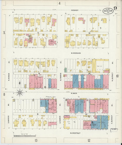 Sanborn Fire Insurance Map from Denison, Grayson County, Texas (1903), Sheet #0009 - Historic Sanborn Fire Insurance Map Print, vintage old map wall art, antique decor, genealogy gift, Texas Texas map