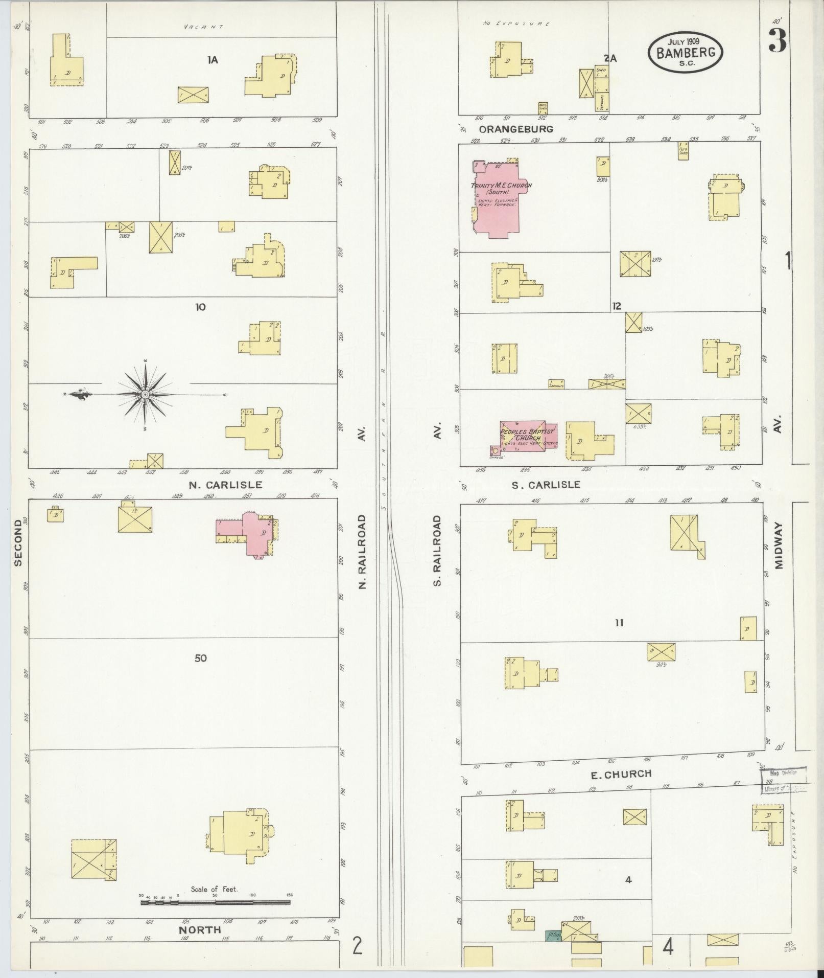 Sanborn Fire Insurance Map from Bamberg, Bamberg County, South Carolina (1909), Sheet #0003 - Complete Map Set gallery image, historic Sanborn map, vintage wall art, South Carolina South Carolina