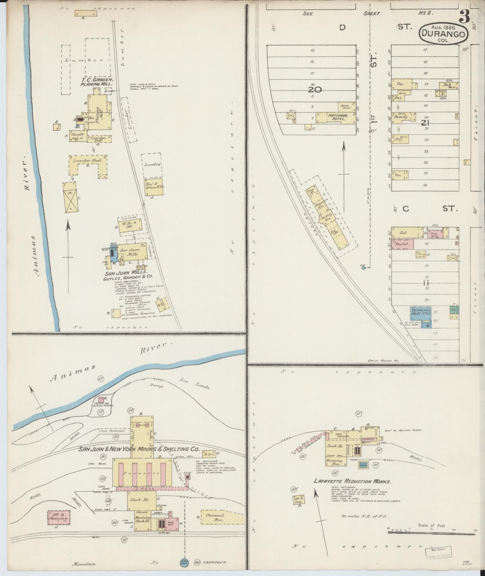 Sanborn Fire Insurance Map from Durango, La Plata County, Colorado (1886), Sheet #0003 - Complete Map Set gallery image, historic Sanborn map, vintage wall art, Colorado Colorado