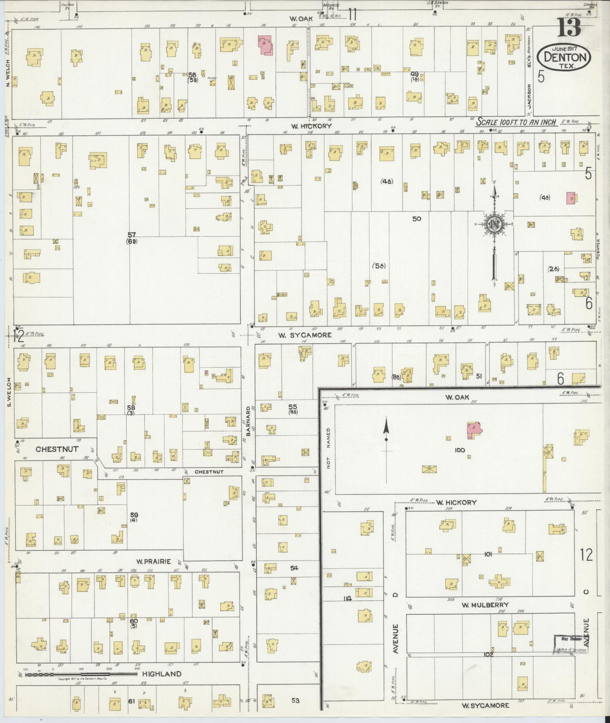 Sanborn Fire Insurance Map from Denton, Denton County, Texas (1917), Sheet #0013 - Complete Map Set gallery image, historic Sanborn map, vintage wall art, Texas Texas