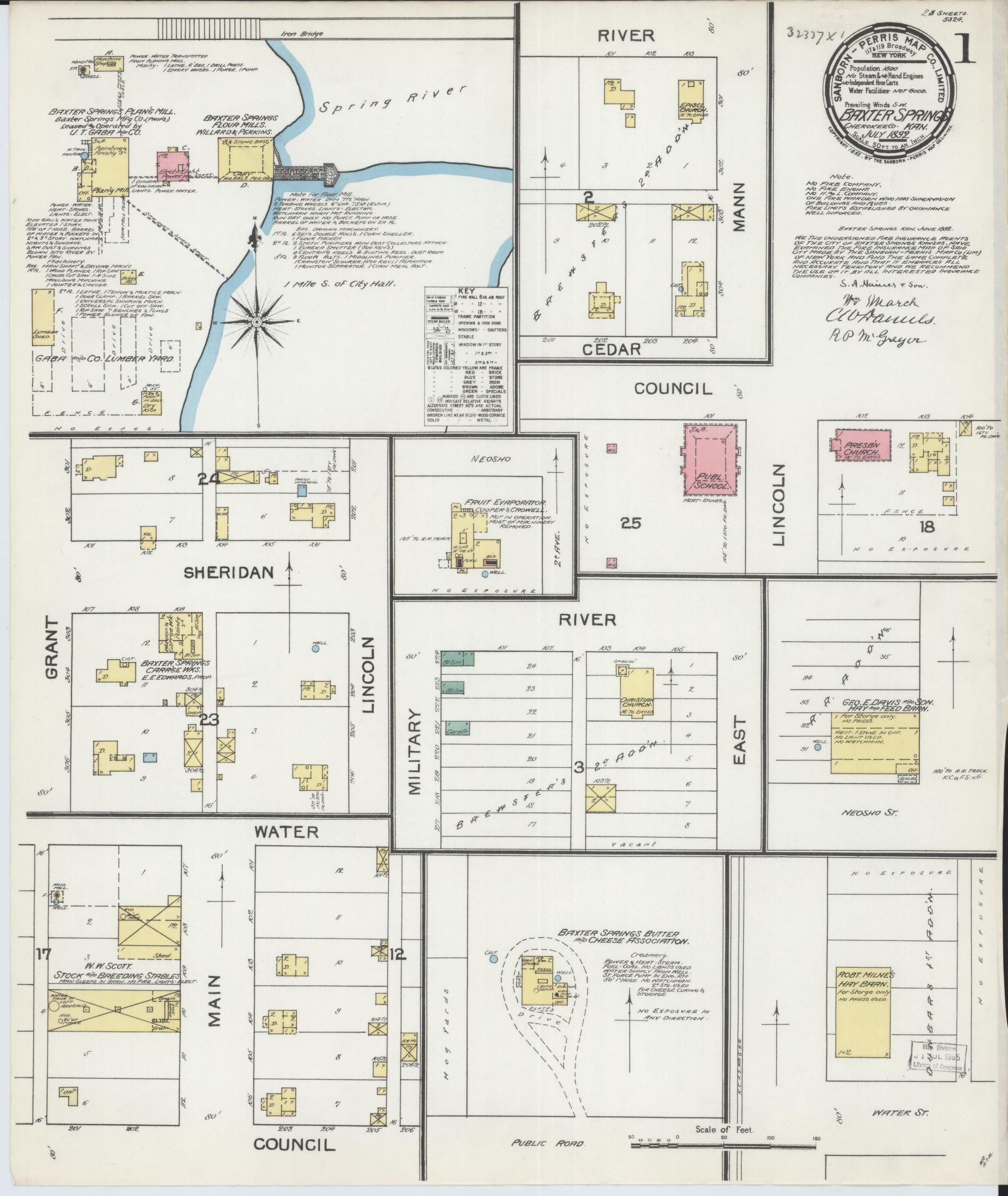 Sanborn Fire Insurance Map from Baxter Springs, Cherokee County, Kansas (1892), Sheet #0001 - Complete Map Set gallery image, historic Sanborn map, vintage wall art, Kansas Kansas