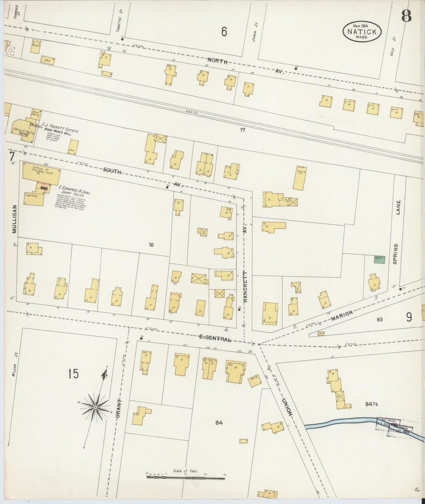 Sanborn Fire Insurance Map from Natick, Middlesex County, Massachusetts (1904), Sheet #0008 - Historic Sanborn Fire Insurance Map Print, vintage old map wall art, antique decor, genealogy gift, Massachusetts Massachusetts map