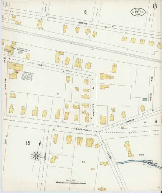 Sanborn Fire Insurance Map from Natick, Middlesex County, Massachusetts (1904), Sheet #0008 - Historic Sanborn Fire Insurance Map Print, vintage old map wall art, antique decor, genealogy gift, Massachusetts Massachusetts map