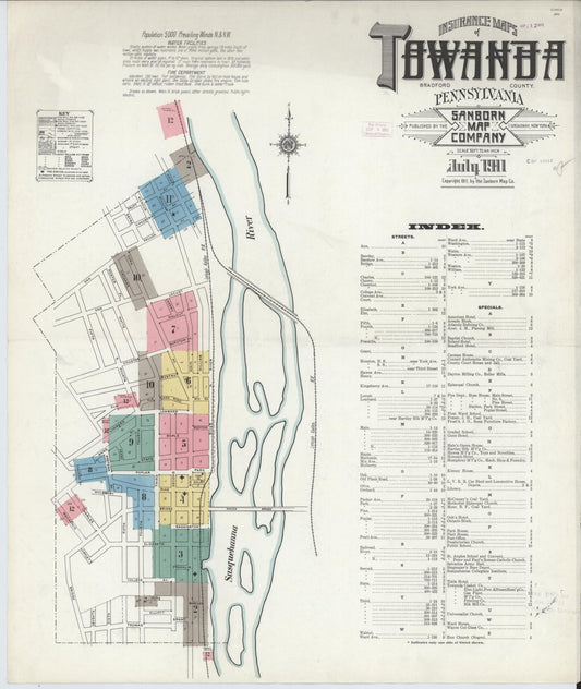 Sanborn Fire Insurance Map from Towanda, Bradford County, Pennsylvania (1911), Sheet #0001 - Historic Sanborn Fire Insurance Map Print, vintage old map wall art, antique decor, genealogy gift, Pennsylvania Pennsylvania map