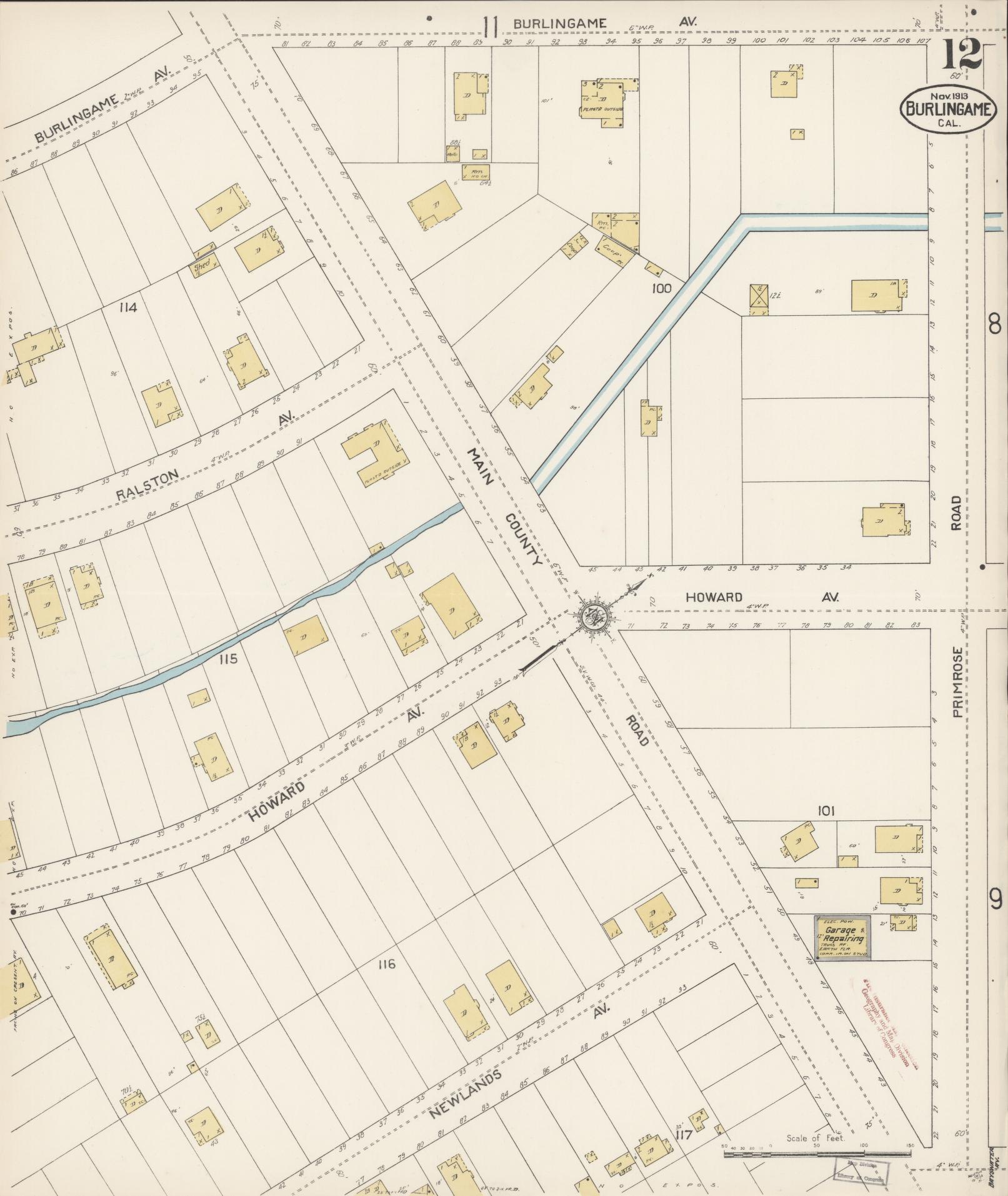Sanborn Fire Insurance Map from Burlingame, San Mateo County, California (1913), Sheet #0012 - Complete Map Set gallery image, historic Sanborn map, vintage wall art, California California