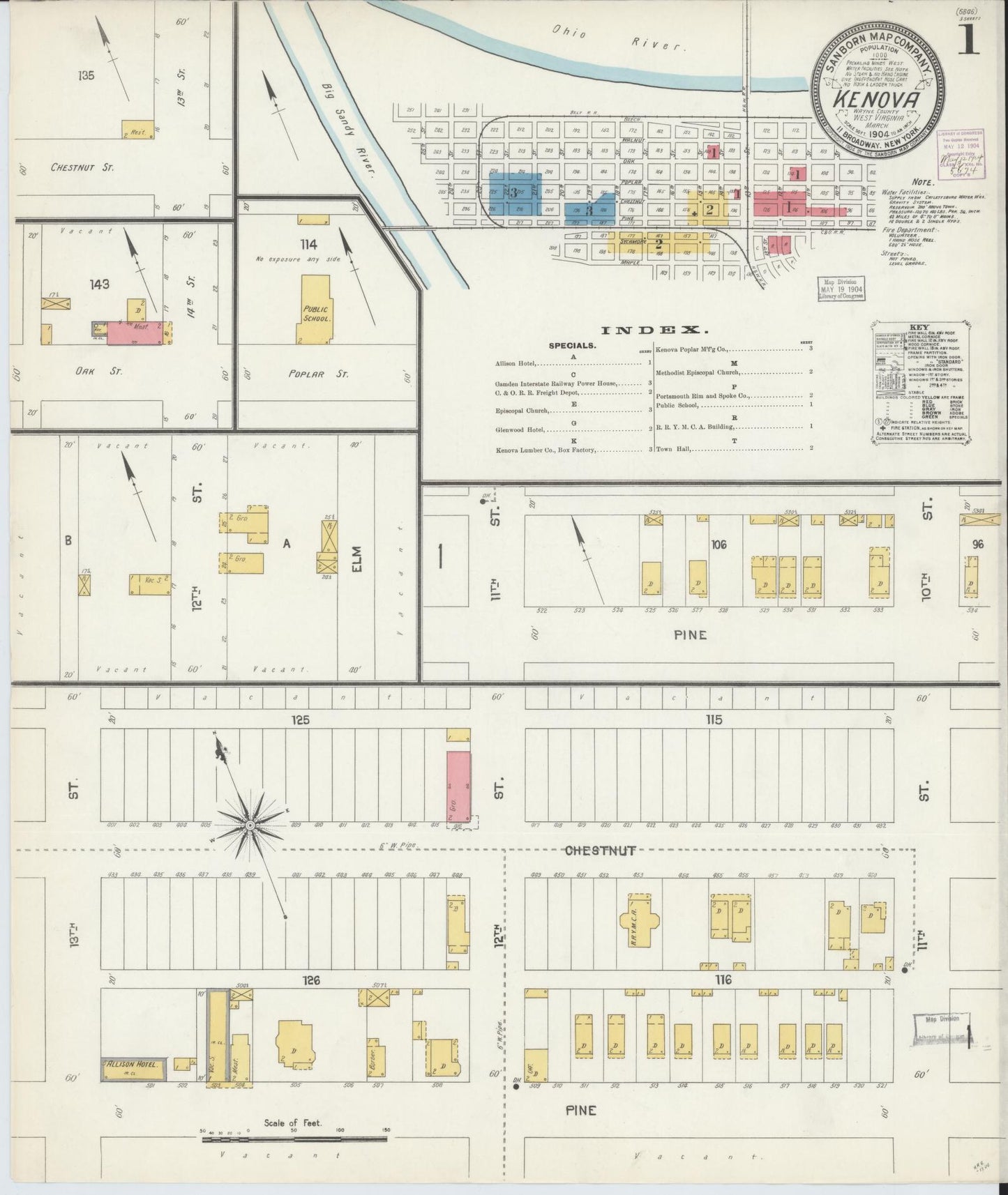 Sanborn Fire Insurance Map from Kenova, Wayne County, West Virginia (1904), Sheet #0001 - Historic Sanborn Fire Insurance Map Print, vintage old map wall art, antique decor, genealogy gift, West Virginia West Virginia map