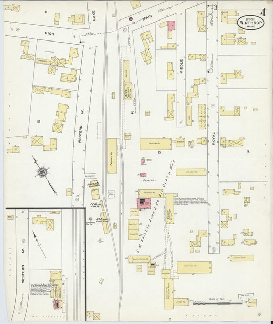 Sanborn Fire Insurance Map from Winthrop, Kennebec County, Maine (1911), Sheet #0004 - Historic Sanborn Fire Insurance Map Print, vintage old map wall art, antique decor, genealogy gift, Maine Maine map
