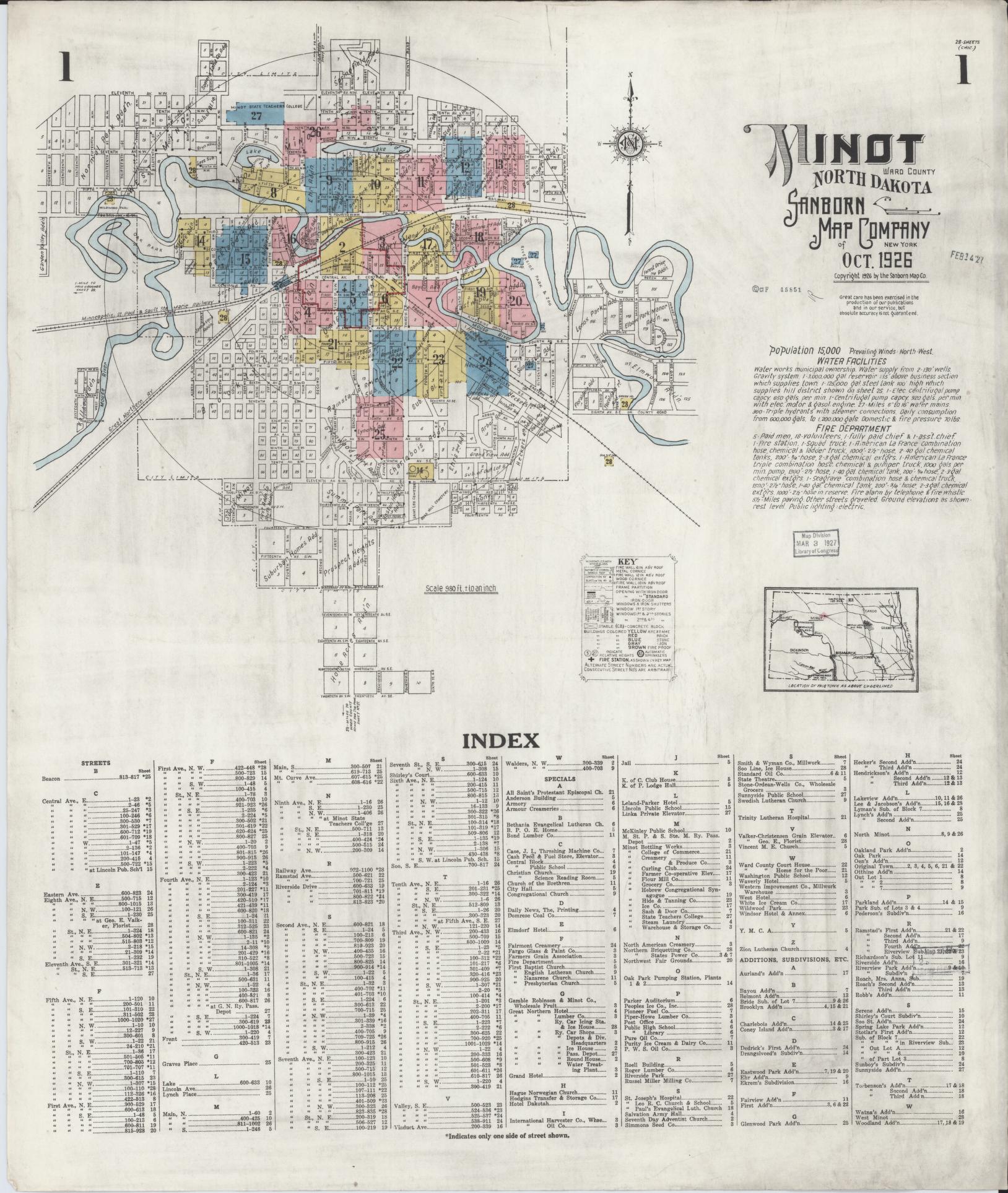 Sanborn Fire Insurance Map from Minot, Ward County, North Dakota (1926), Sheet #0001 - Complete Map Set gallery image, historic Sanborn map, vintage wall art, North Dakota North Dakota