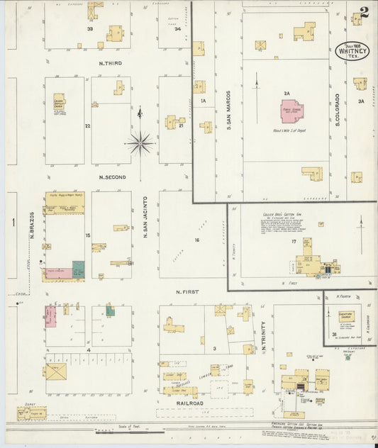Sanborn Fire Insurance Map from Whitney, Hill County, Texas (1905), Sheet #0002 - Historic Sanborn Fire Insurance Map Print, vintage old map wall art, antique decor, genealogy gift, Texas Texas map