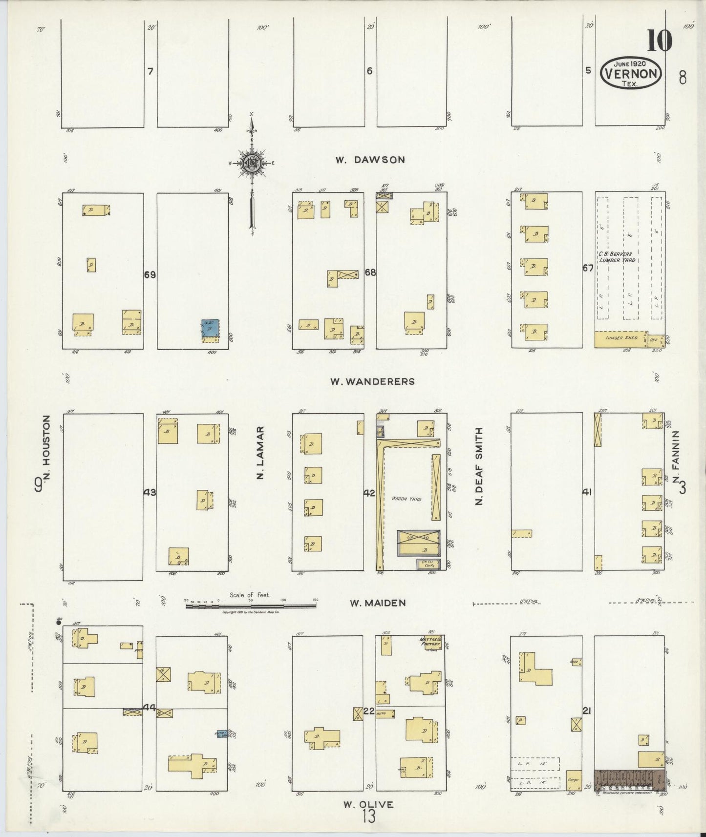 Sanborn Fire Insurance Map from Vernon, Wilbarger County, Texas (1920), Sheet #0010 - Historic Sanborn Fire Insurance Map Print, vintage old map wall art, antique decor, genealogy gift, Texas Texas map