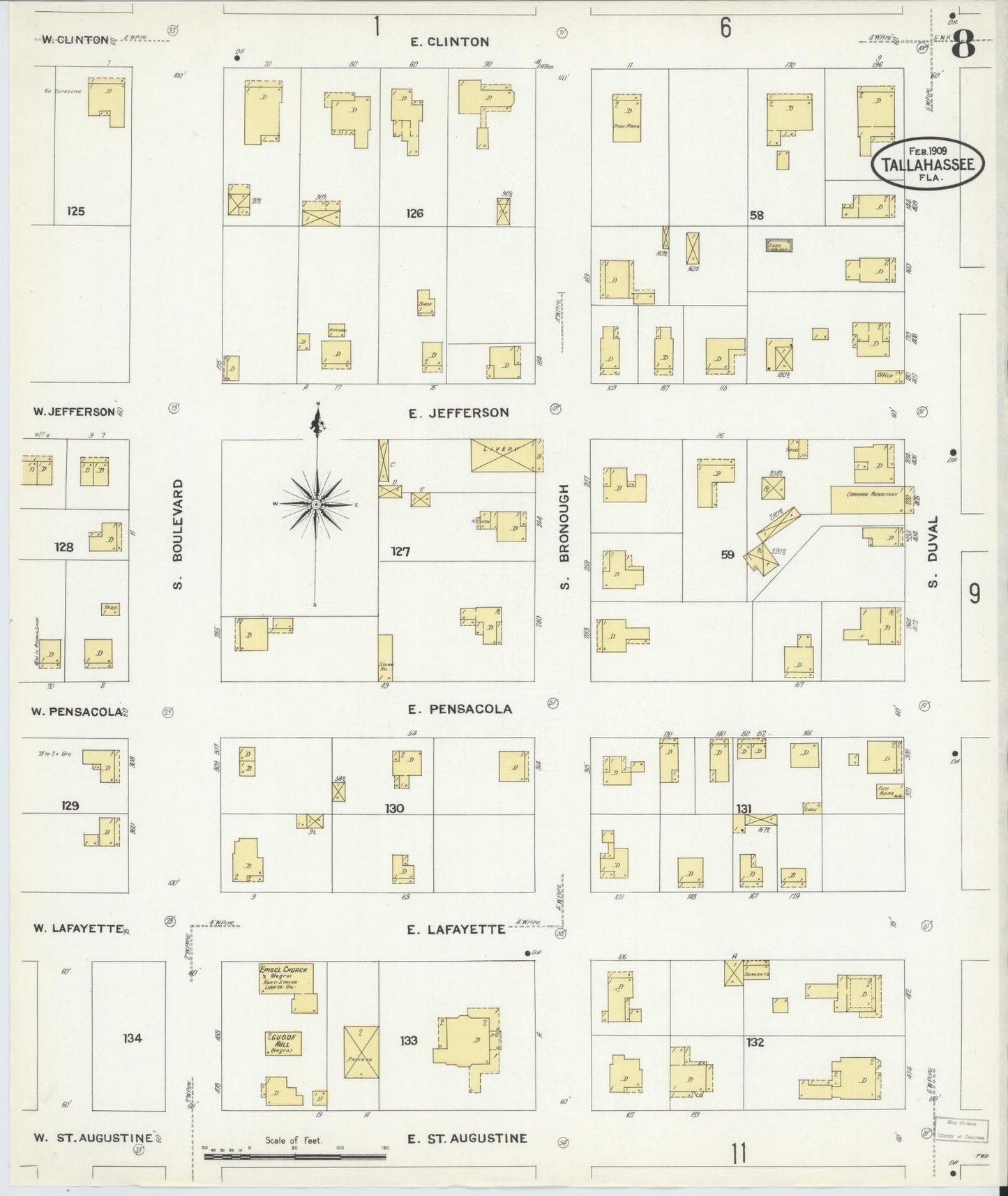 Sanborn Fire Insurance Map from Tallahassee, Leon County, Florida (1909), Sheet #0008 - Complete Map Set gallery image, historic Sanborn map, vintage wall art, Florida Florida