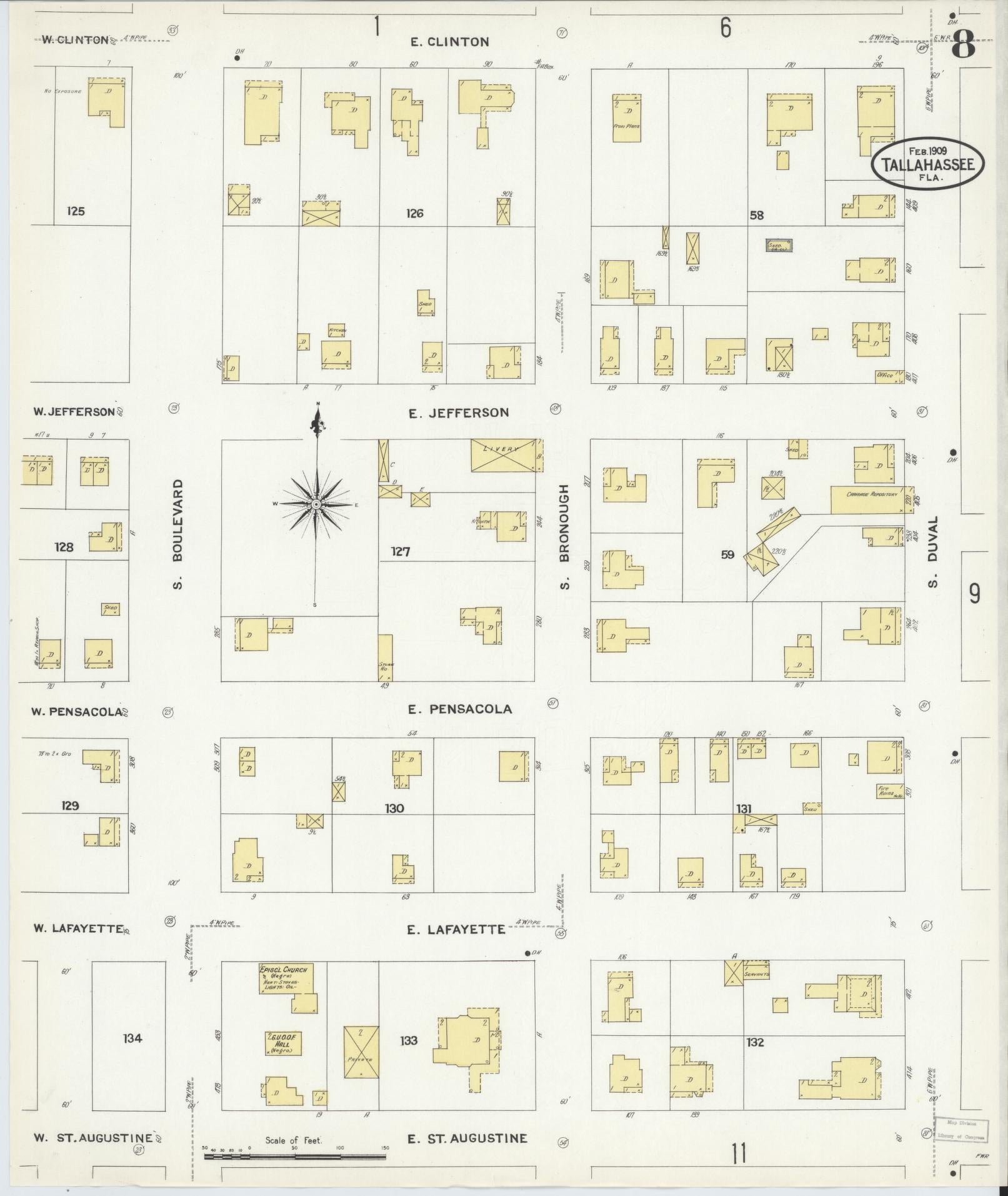 Sanborn Fire Insurance Map from Tallahassee, Leon County, Florida (1909), Sheet #0008 - Complete Map Set gallery image, historic Sanborn map, vintage wall art, Florida Florida