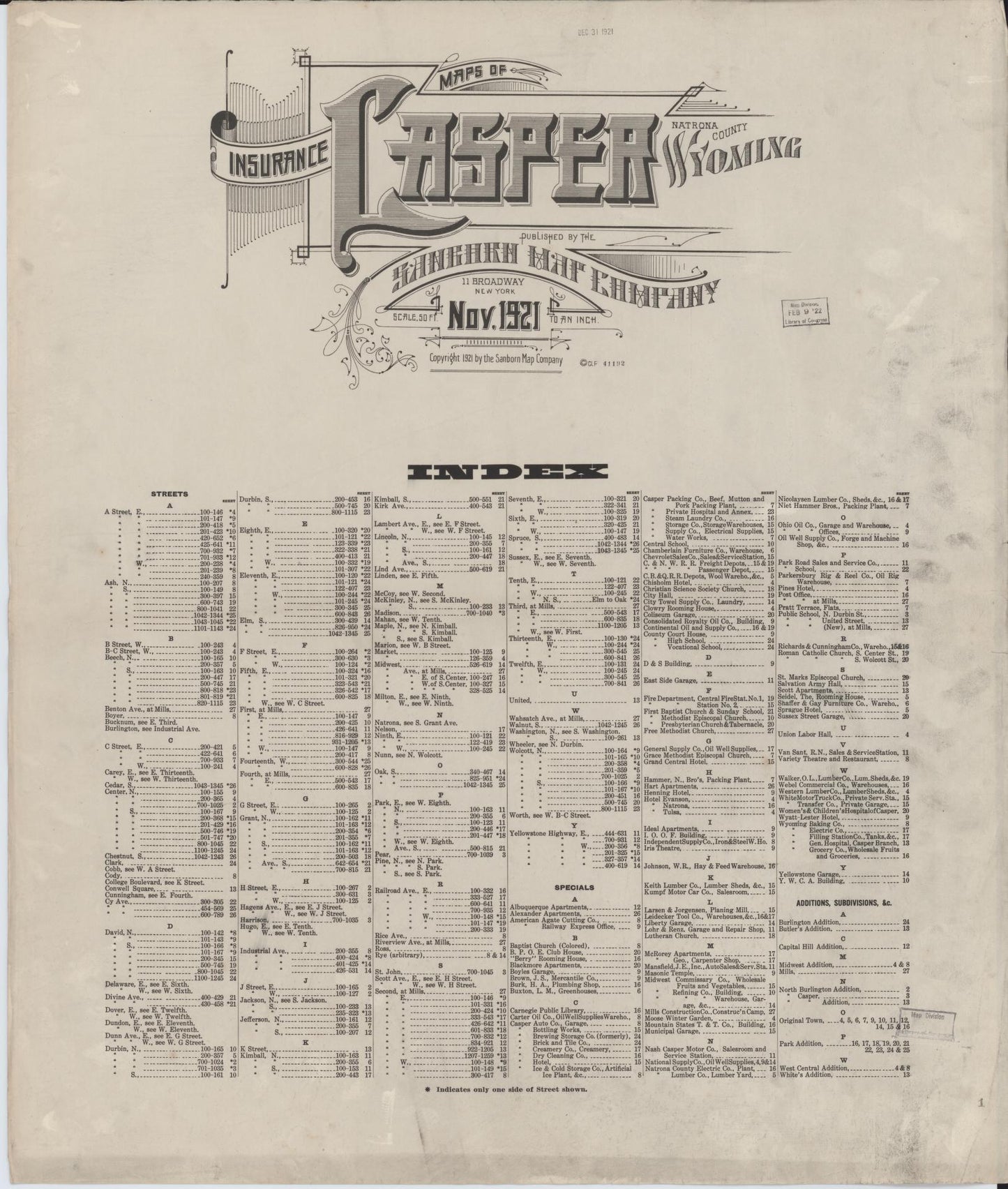 Sanborn Fire Insurance Map from Casper, Natrona County, Wyoming (1921), Sheet #0001 - Complete Map Set gallery image, historic Sanborn map, vintage wall art, Wyoming Wyoming