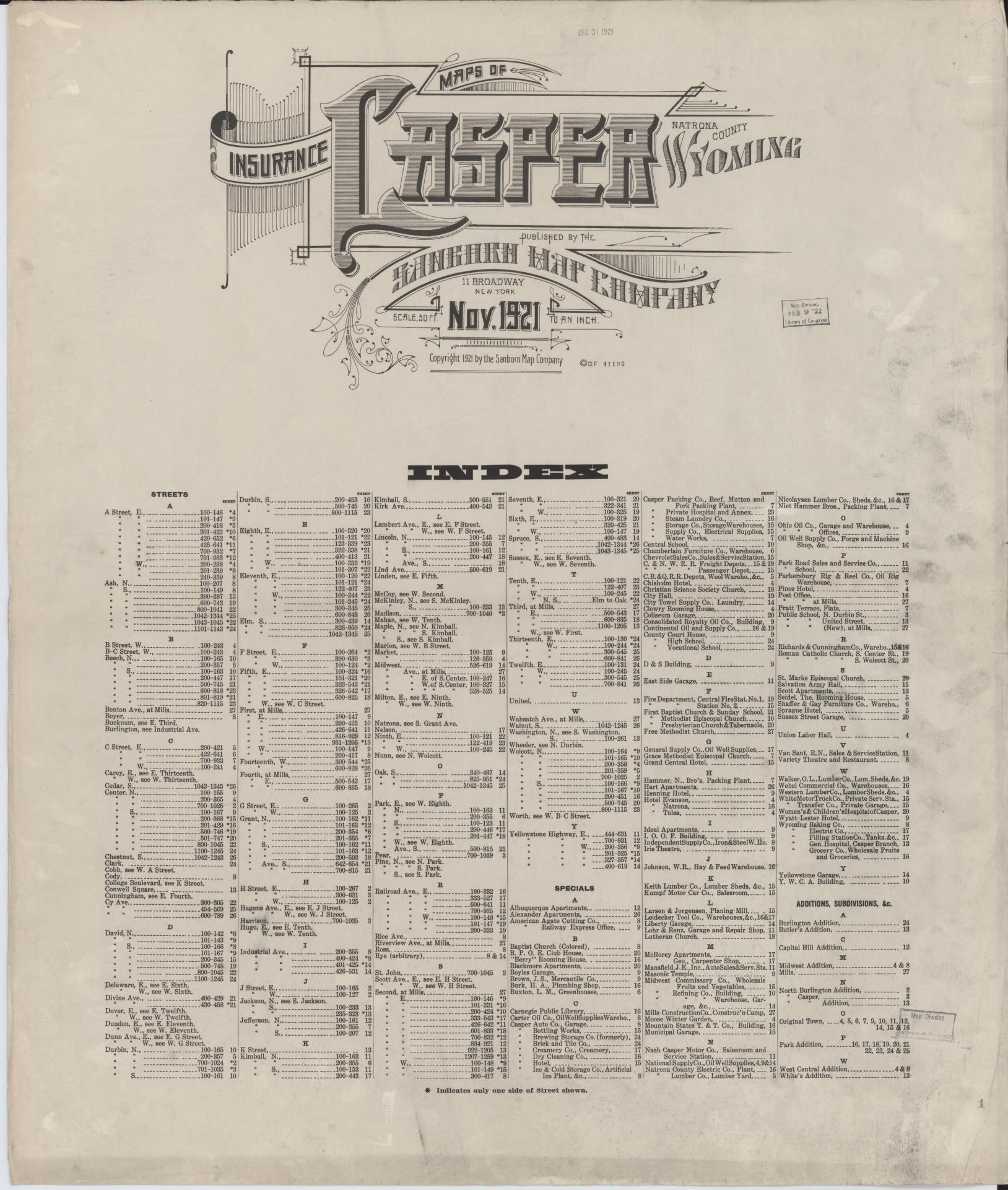 Sanborn Fire Insurance Map from Casper, Natrona County, Wyoming (1921), Sheet #0001 - Complete Map Set gallery image, historic Sanborn map, vintage wall art, Wyoming Wyoming