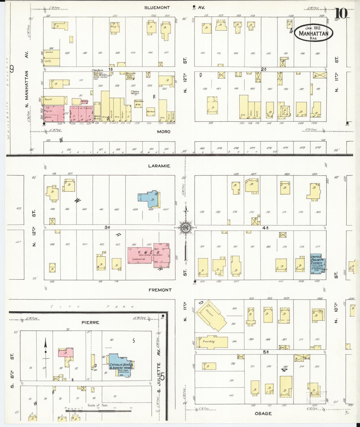 Sanborn Fire Insurance Map from Manhattan, Riley County, Kansas (1912), Sheet #0010 - Historic Sanborn Fire Insurance Map Print, vintage old map wall art, antique decor, genealogy gift, Kansas Kansas map
