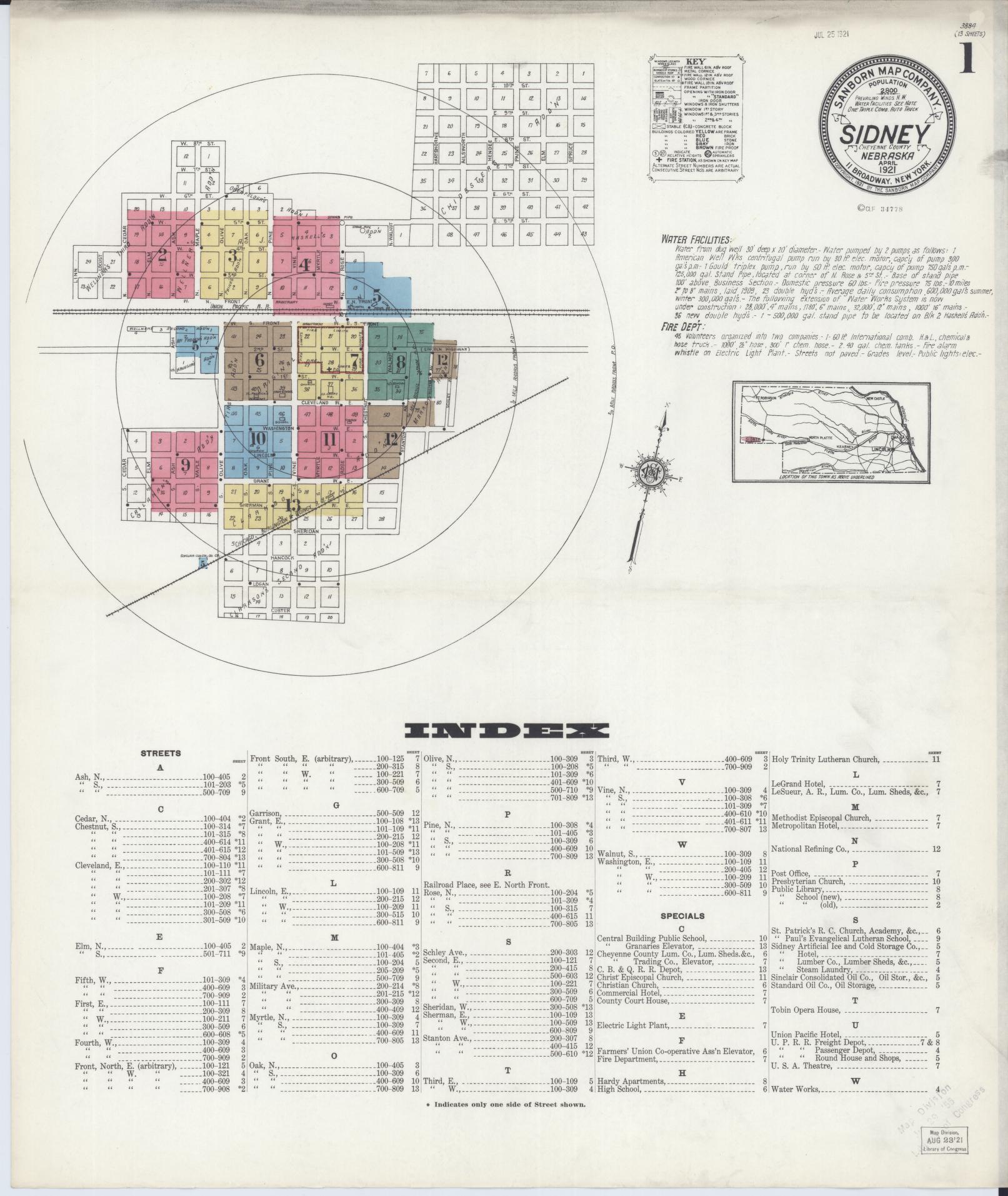 Sanborn Fire Insurance Map from Sidney, Cheyenne County, Nebraska (1921), Sheet #0001 - Complete Map Set gallery image, historic Sanborn map, vintage wall art, Nebraska Nebraska