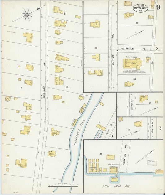 Sanborn Fire Insurance Map from Bay Shore, Suffolk County, New York (1902), Sheet #0009 - Historic Sanborn Fire Insurance Map Print, vintage old map wall art, antique decor, genealogy gift, New York New York map