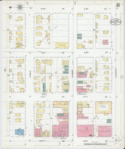 Sanborn Fire Insurance Map from Beatrice, Gage County, Nebraska (1906), Sheet #0008 - Historic Sanborn Fire Insurance Map Print, vintage old map wall art, antique decor, genealogy gift, Nebraska Nebraska map