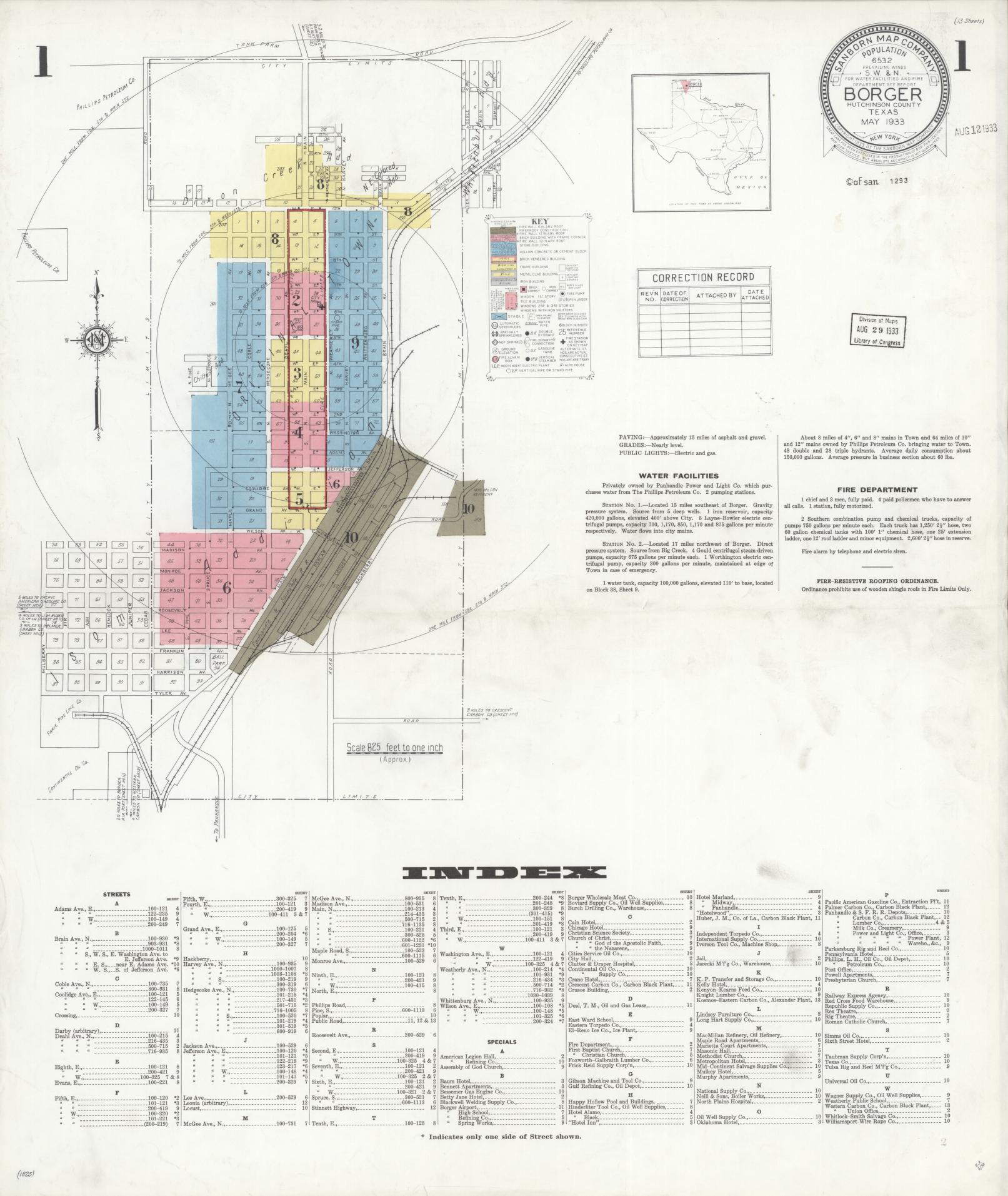Sanborn Fire Insurance Map from Borger, Hutchinson County, Texas (1933), Sheet #0001 - Historic Sanborn Fire Insurance Map Print, vintage old map wall art, antique decor, genealogy gift, Texas Texas map