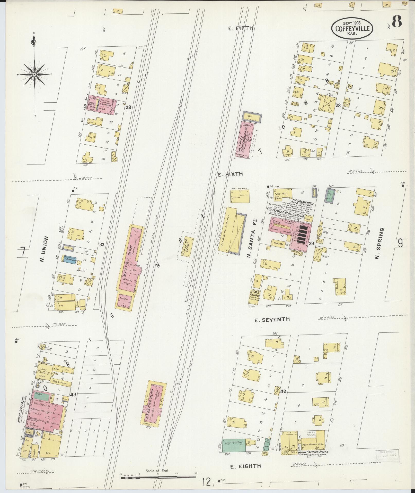 Sanborn Fire Insurance Map from Coffeyville, Montgomery County, Kansas (1908), Sheet #0008 - Historic Sanborn Fire Insurance Map Print, vintage old map wall art, antique decor, genealogy gift, Kansas Kansas map