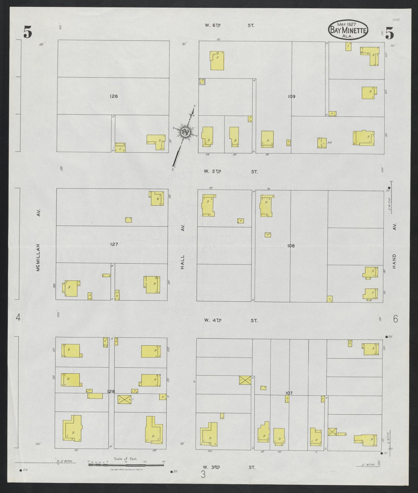 Sanborn Fire Insurance Map from Bay Minette, Baldwin County, Alabama (1927), Sheet #0005 - Historic Sanborn Fire Insurance Map Print, vintage old map wall art, antique decor, genealogy gift, Alabama Alabama map