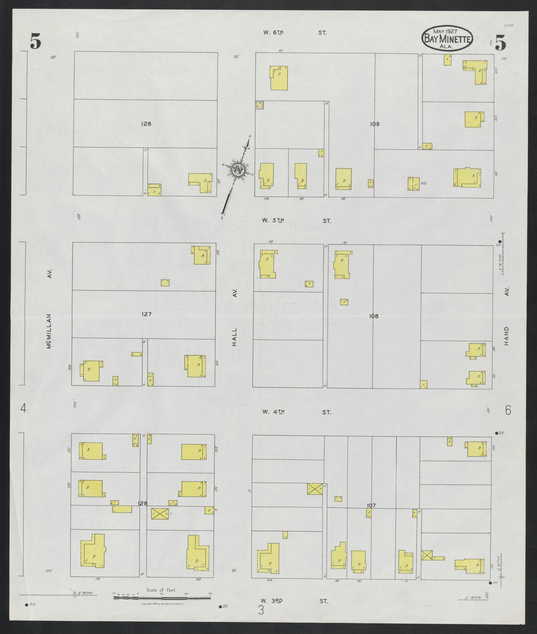 Sanborn Fire Insurance Map from Bay Minette, Baldwin County, Alabama (1927), Sheet #0005 - Historic Sanborn Fire Insurance Map Print, vintage old map wall art, antique decor, genealogy gift, Alabama Alabama map