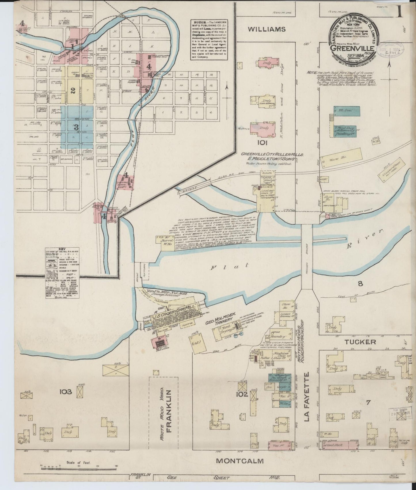 Sanborn Fire Insurance Map from Greenville, Montcalm County, Michigan (1884), Sheet #0001 - Complete Map Set gallery image, historic Sanborn map, vintage wall art, Michigan Michigan