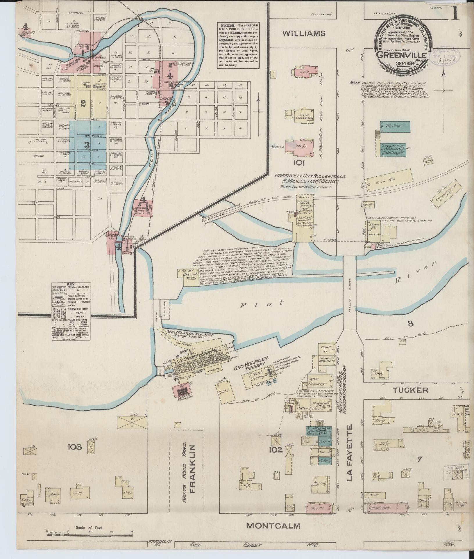 Sanborn Fire Insurance Map from Greenville, Montcalm County, Michigan (1884), Sheet #0001 - Complete Map Set gallery image, historic Sanborn map, vintage wall art, Michigan Michigan