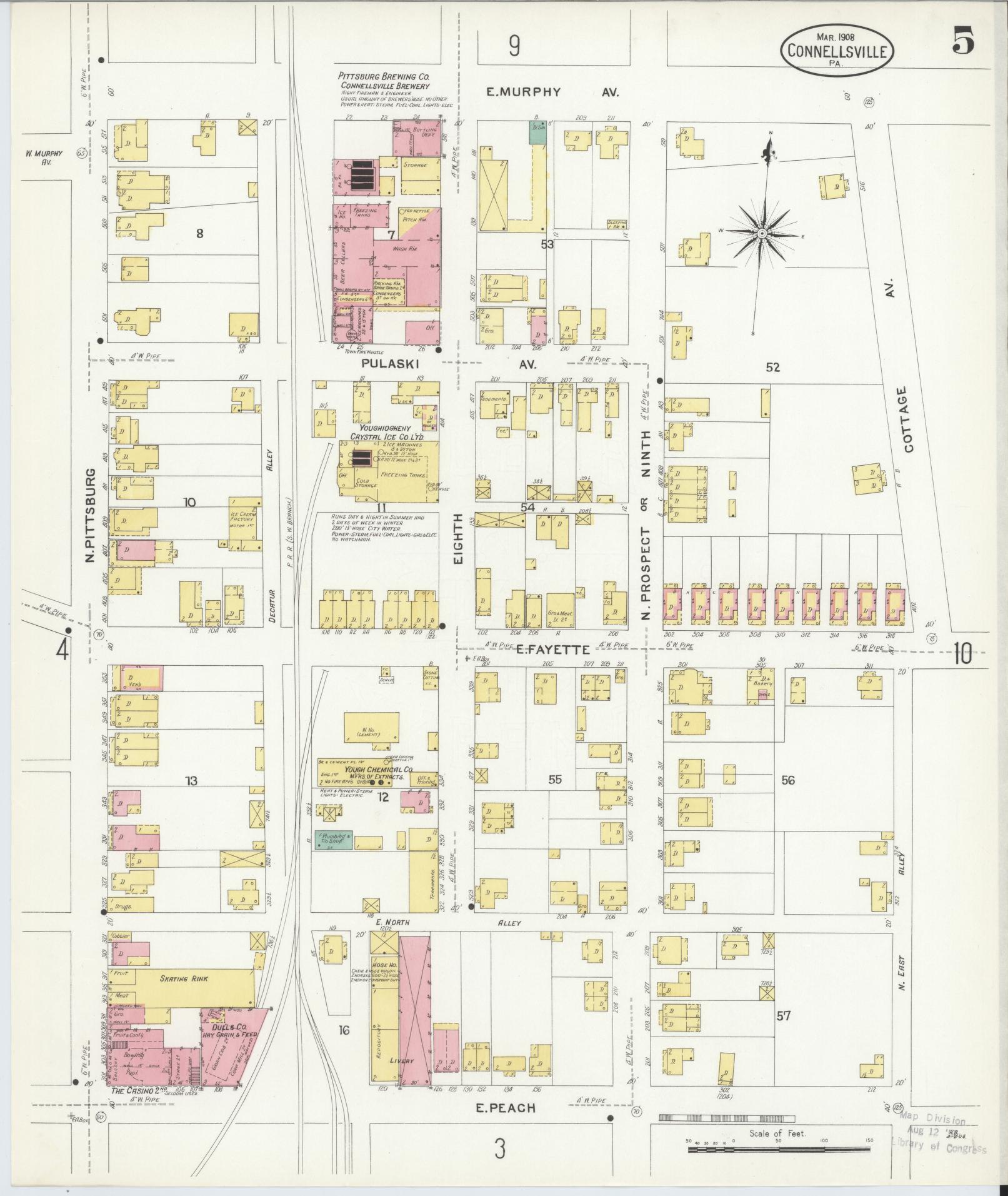 Sanborn Fire Insurance Map from Connellsville, Fayette County, Pennsylvania (1908), Sheet #0005 - Historic Sanborn Fire Insurance Map Print, vintage old map wall art, antique decor, genealogy gift, Pennsylvania Pennsylvania map