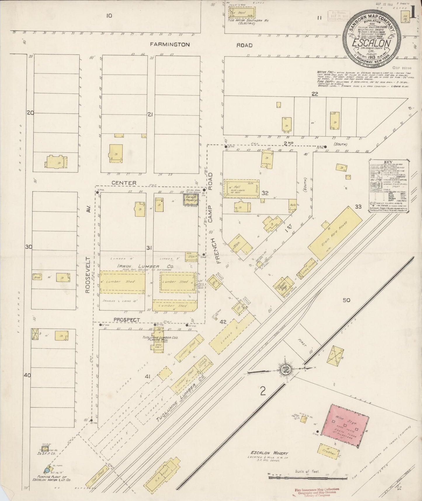 Sanborn Fire Insurance Map from Escalon, San Joaquin County, California (1913), Sheet #0001 - Complete Map Set gallery image, historic Sanborn map, vintage wall art, California California