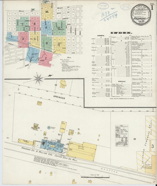 Sanborn Fire Insurance Map from Ardmore, Carter County, Oklahoma (1898), Sheet #0001 - Historic Sanborn Fire Insurance Map Print, vintage old map wall art, antique decor, genealogy gift, Oklahoma Oklahoma map