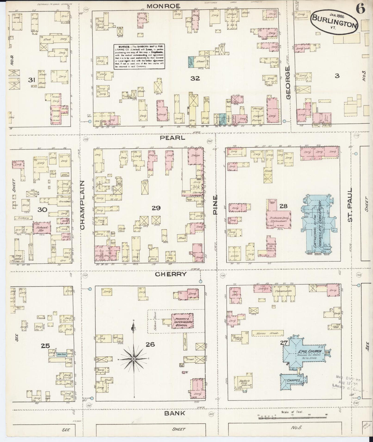 Sanborn Fire Insurance Map from Burlington, Chittenden County, Vermont (1885), Sheet #0006 - Historic Sanborn Fire Insurance Map Print, vintage old map wall art, antique decor, genealogy gift, Vermont Vermont map