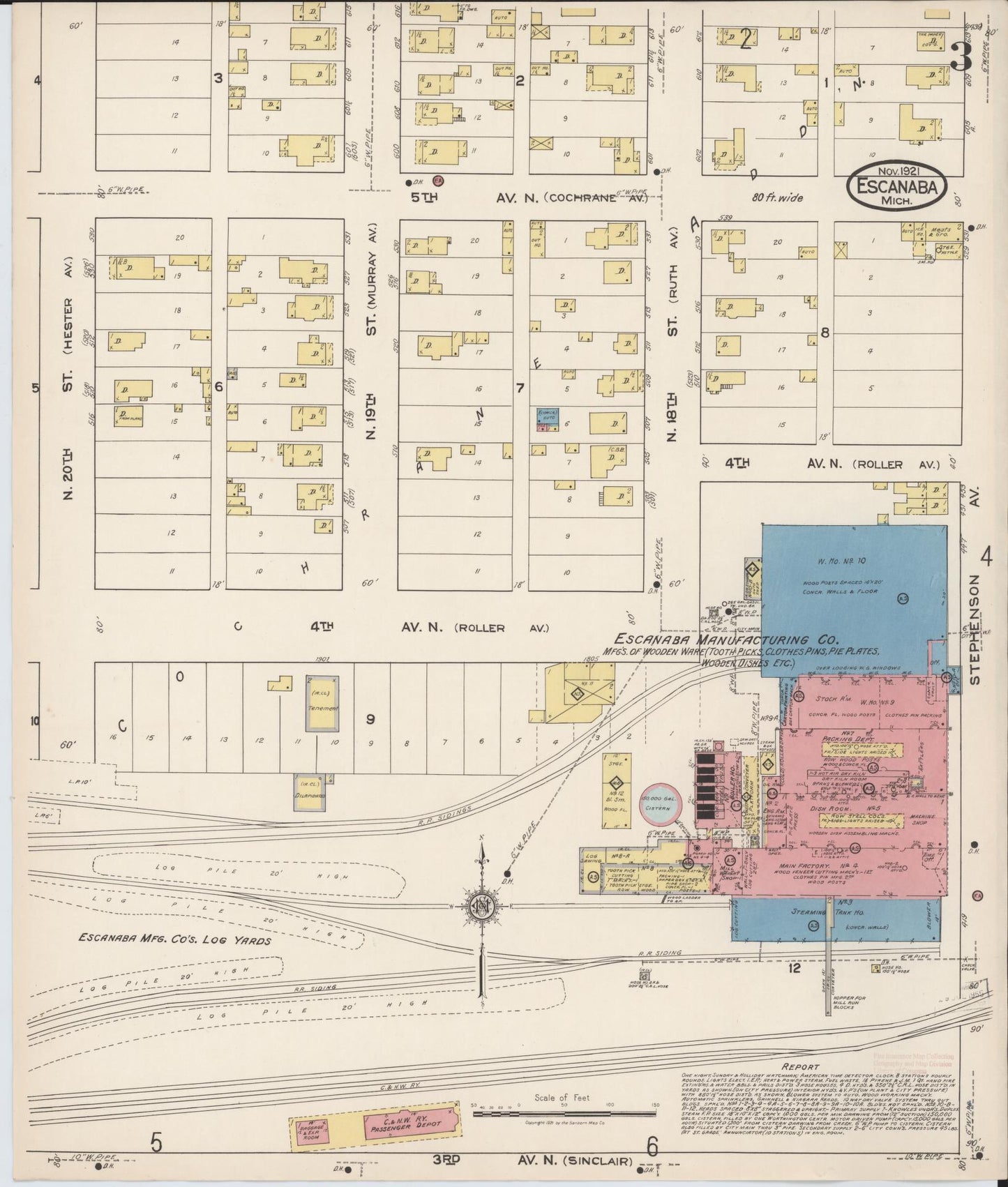 Sanborn Fire Insurance Map from Escanaba, Delta County, Michigan (1921), Sheet #0003 - Complete Map Set gallery image, historic Sanborn map, vintage wall art, Michigan Michigan