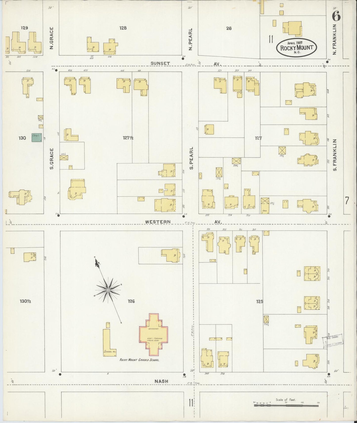 Sanborn Fire Insurance Map from Rocky Mount, Edgecombe And Nash Counties, North Carolina (1907), Sheet #0006 - Historic Sanborn Fire Insurance Map Print, vintage old map wall art, antique decor, genealogy gift, North Carolina North Carolina map