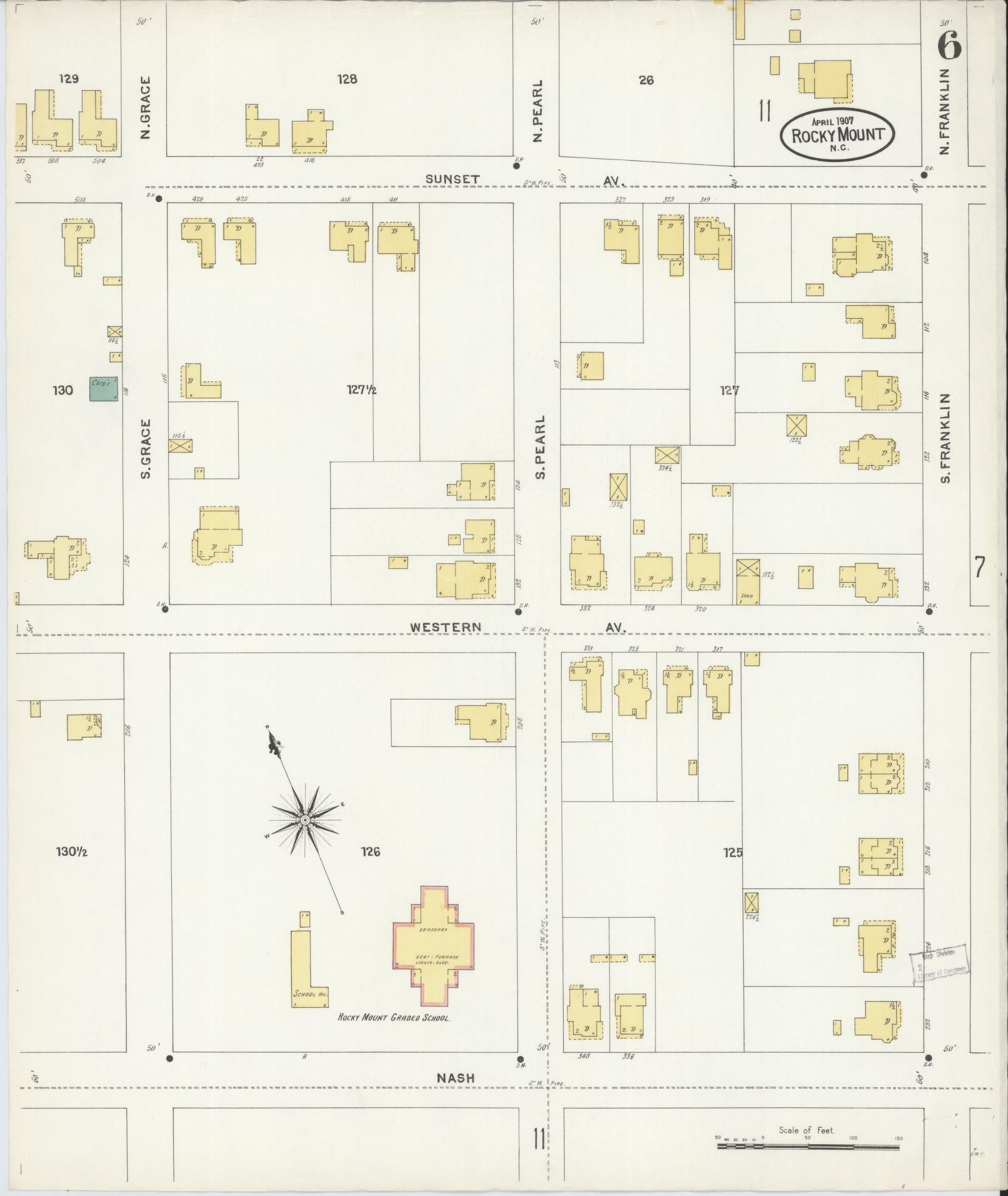 Sanborn Fire Insurance Map from Rocky Mount, Edgecombe And Nash Counties, North Carolina (1907), Sheet #0006 - Historic Sanborn Fire Insurance Map Print, vintage old map wall art, antique decor, genealogy gift, North Carolina North Carolina map