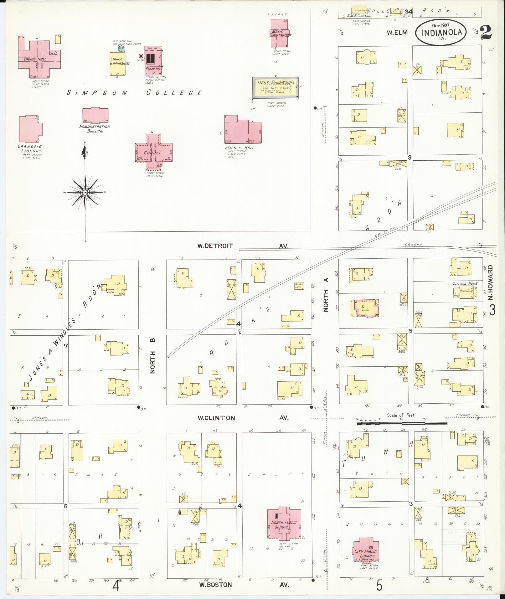 Sanborn Fire Insurance Map from Indianola, Warren County, Iowa (1907), Sheet #0002 - Historic Sanborn Fire Insurance Map Print, vintage old map wall art