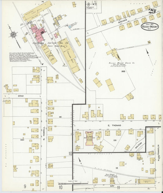Sanborn Fire Insurance Map from Rocky Mount, Edgecombe And Nash Counties, North Carolina (1912), Sheet #0029 - Historic Sanborn Fire Insurance Map Print, vintage old map wall art, antique decor, genealogy gift, North Carolina North Carolina map