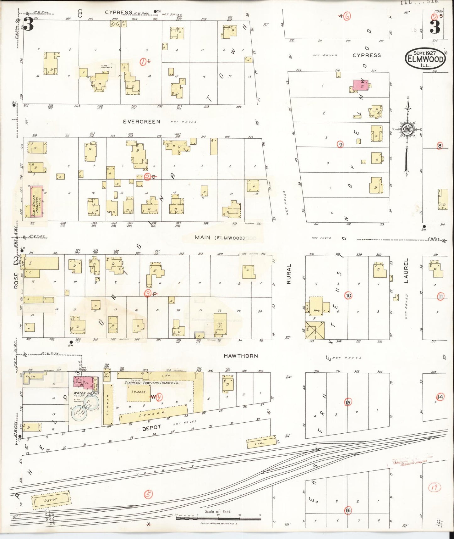 Sanborn Fire Insurance Map from Elmwood, Peoria County, Illinois (1944), Sheet #0003 - Complete Map Set gallery image, historic Sanborn map, vintage wall art, Illinois Illinois
