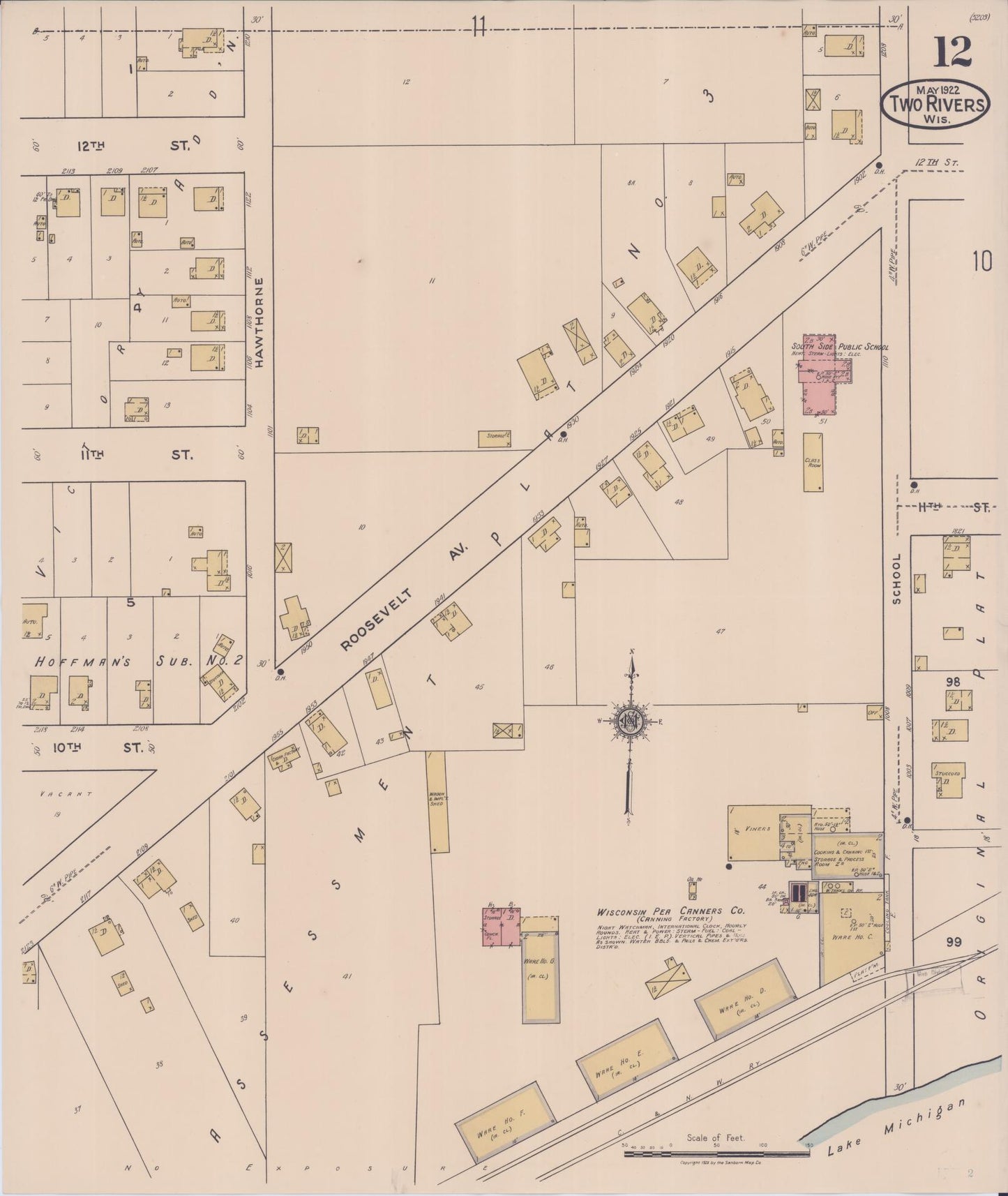 Sanborn Fire Insurance Map from Two Rivers, Manitowoc County, Wisconsin (1922), Sheet #0012 - Complete Map Set gallery image, historic Sanborn map, vintage wall art, Wisconsin Wisconsin