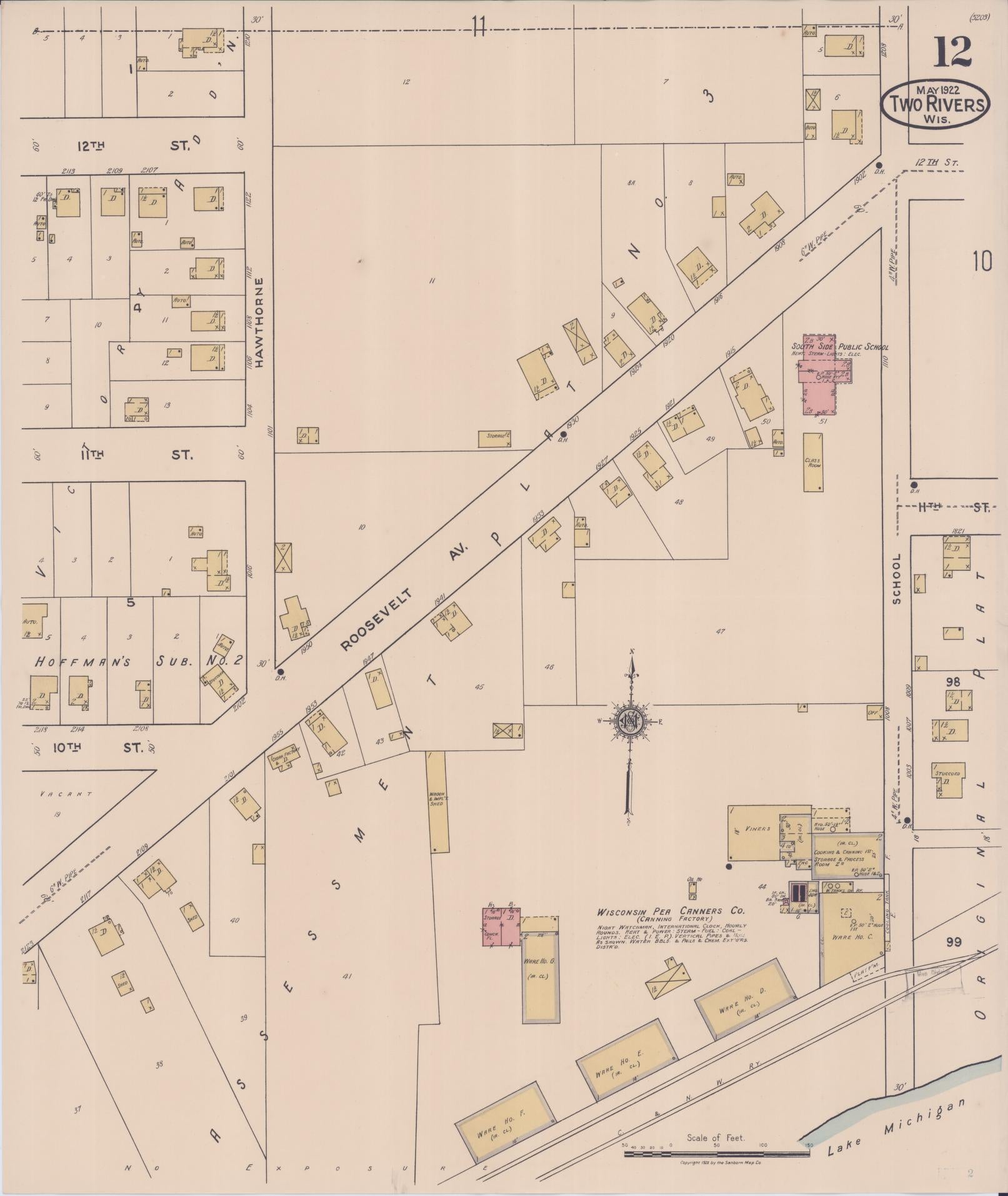 Sanborn Fire Insurance Map from Two Rivers, Manitowoc County, Wisconsin (1922), Sheet #0012 - Complete Map Set gallery image, historic Sanborn map, vintage wall art, Wisconsin Wisconsin
