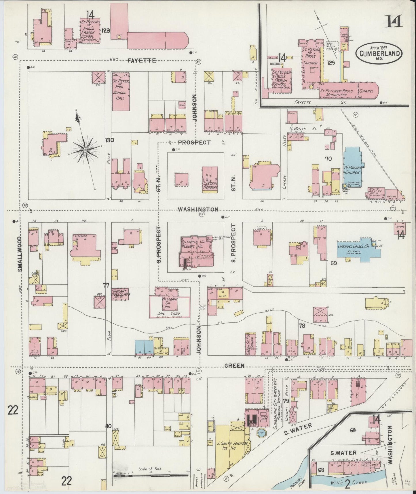 Sanborn Fire Insurance Map from Cumberland, Allegany County, Maryland (1897), Sheet #0014 - Historic Sanborn Fire Insurance Map Print, vintage old map wall art, antique decor, genealogy gift, Maryland Maryland map