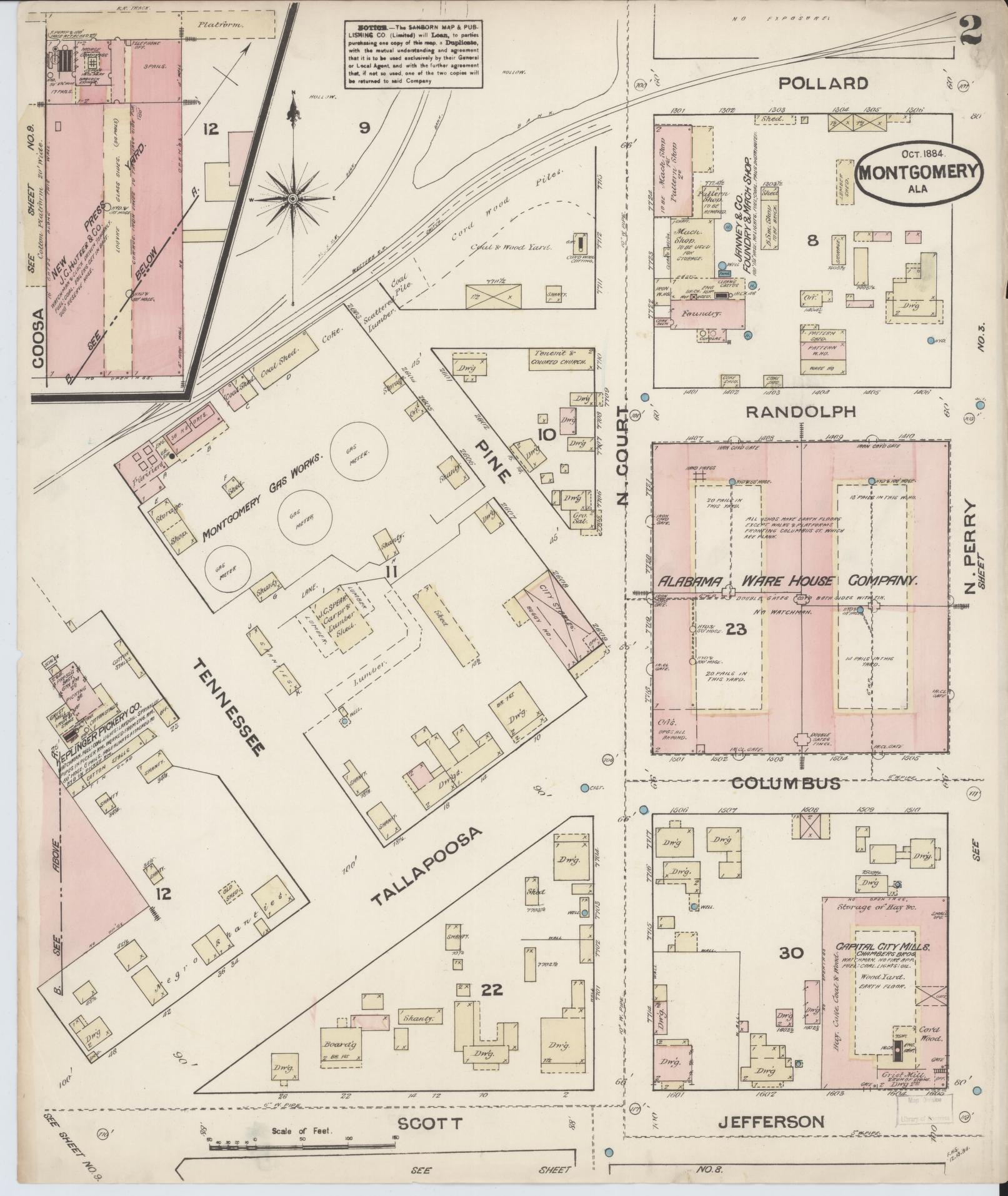 Sanborn Fire Insurance Map from Montgomery, Montgomery County, Alabama (1884), Sheet #0002 - Historic Sanborn Fire Insurance Map Print, vintage old map wall art, antique decor, genealogy gift, Alabama Alabama map