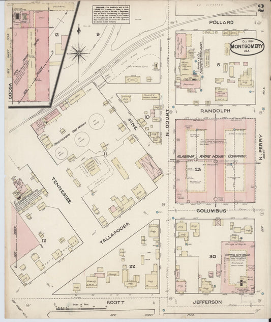 Sanborn Fire Insurance Map from Montgomery, Montgomery County, Alabama (1884), Sheet #0002 - Historic Sanborn Fire Insurance Map Print, vintage old map wall art, antique decor, genealogy gift, Alabama Alabama map