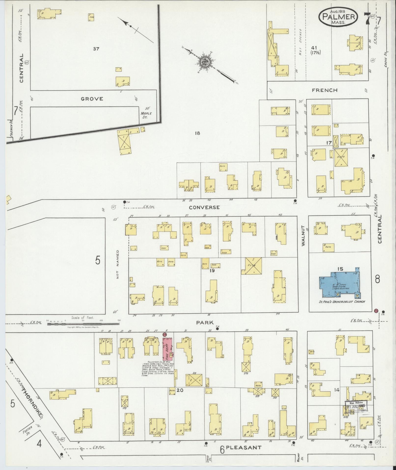 Sanborn Fire Insurance Map from Palmer, Hampden County, Massachusetts (1918), Sheet #0007 - Complete Map Set gallery image, historic Sanborn map, vintage wall art, Massachusetts Massachusetts