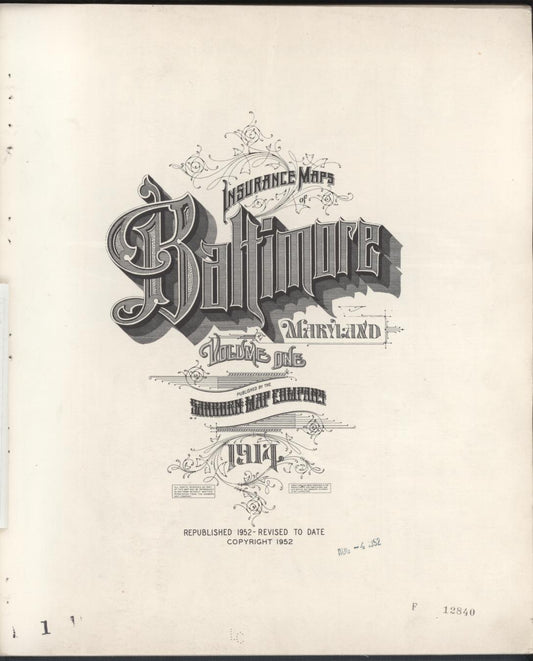 Sanborn Fire Insurance Map from Baltimore, Independent Cities, Maryland (1952), Sheet #0001 - Historic Sanborn Fire Insurance Map Print, vintage old map wall art, antique decor, genealogy gift, Maryland Maryland map